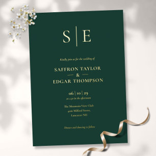 Elegant Monogram Emerald Green Wedding Gold Folie Uitnodiging