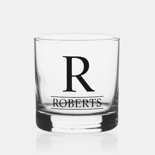 Elegant monogram en achternaam bruiloft whisky glas (Voorkant)