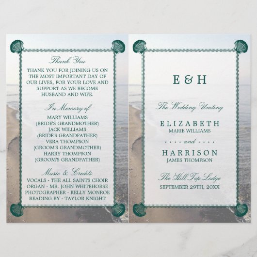 Elegant monogram en Blauwgroen Scallop Beach Wedde (Voorkant)