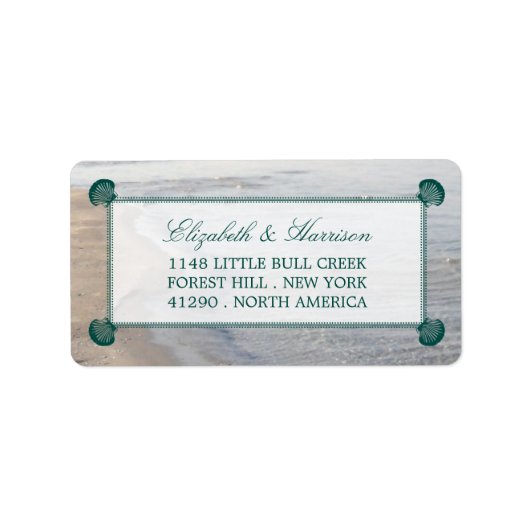 Elegant monogram en Blauwgroen Scallop Beach Wedde Etiket (Voorkant)
