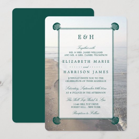Elegant monogram en Blauwgroen Scallop Beach Wedde Kaart (Voorkant / Achterkant)