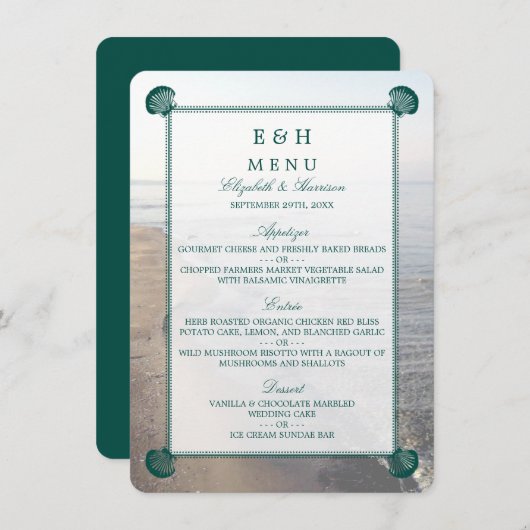 Elegant monogram en Blauwgroen Scallop Beach Wedde Menu (Voorkant / Achterkant)