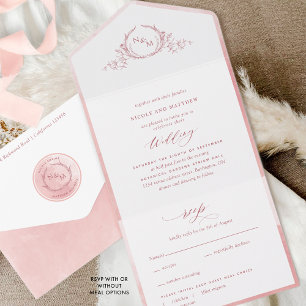 Elegant Monogram en Blush Pink Waterverf Wedding All In One Uitnodiging