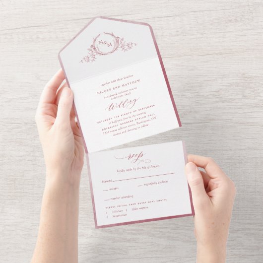Elegant Monogram en Burgundy Waterverf Wedding All In One Uitnodiging (Afscheurbaar)