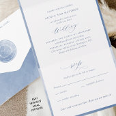 Elegant Monogram en Dusty Blue Waterverf Wedding All In One Uitnodiging