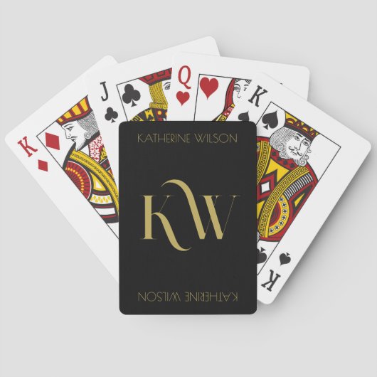 Elegant Monogram en Naam Zwart en Goud Pokerkaarten (Achterkant)