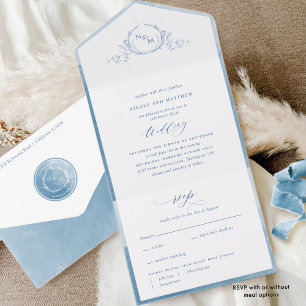 Elegant Monogram en Waterverf Blauw Bruiloft All In One Uitnodiging
