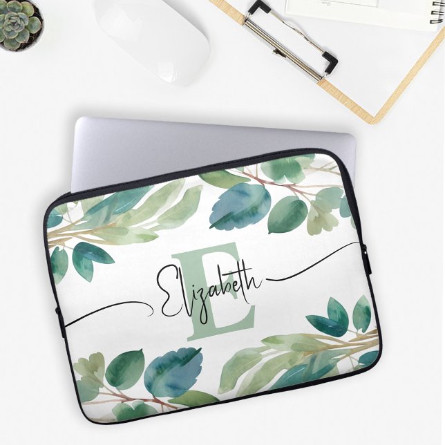 Elegant monogram Eucalyptus groen Waterverf Laptop Sleeve (Creator heeft geüpload)