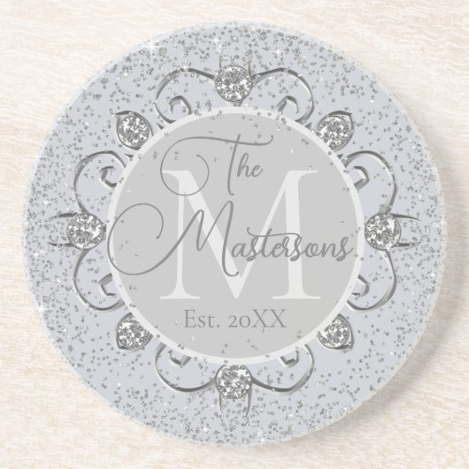 Elegant Monogram Familienaam Gepersonaliseerd Zandsteen Onderzetter (Voorkant)