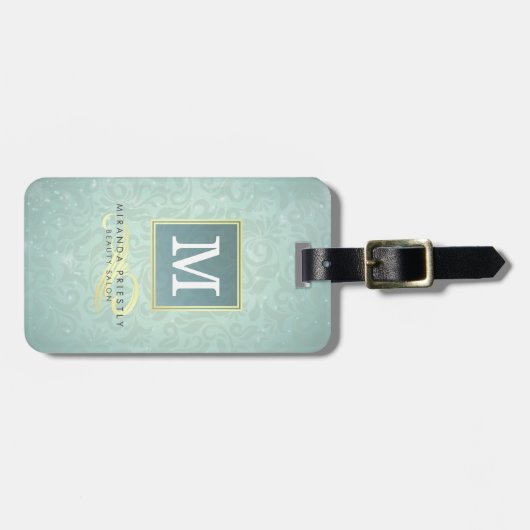 Elegant Monogram Faux Gold Turquoise Damask Floral Bagagelabel (Voorkant horizontaal)