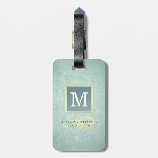 Elegant Monogram Faux Gold Turquoise Damask Floral Bagagelabel (Achterkant verticaal)