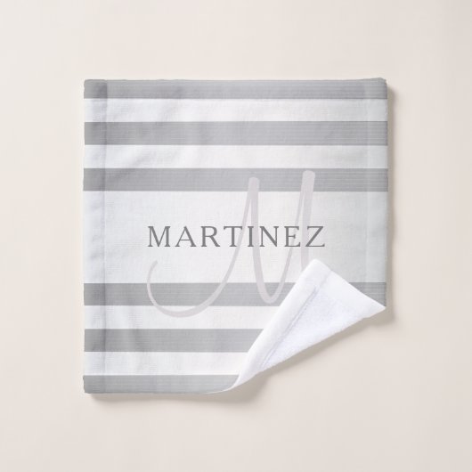 Elegant monogram Faux Silver Gradient Gray Stripes Bad Handdoek (Wasdoekje)