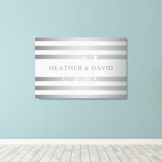 Elegant monogram Faux Silver Gradient Gray Stripes Canvas Afdruk (Insitu (Houten vloer))