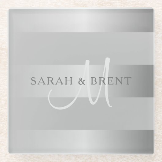 Elegant monogram Faux Silver Gradient Gray Stripes Glazen Onderzetter (Voorkant)