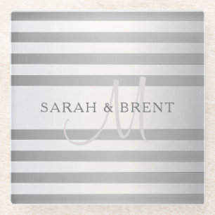 Elegant monogram Faux Silver Gradient Gray Stripes Glazen Onderzetter