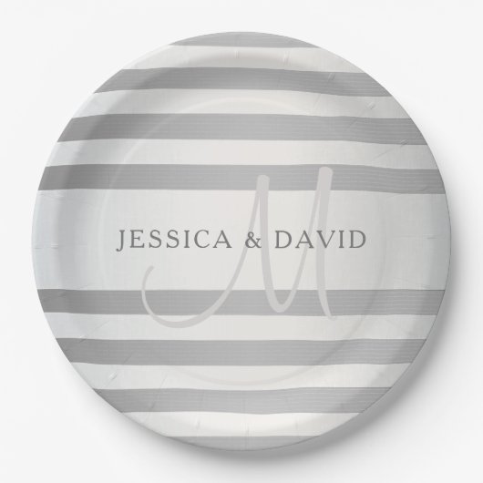 Elegant monogram Faux Silver Gradient Gray Stripes Papieren Bordje (Voorkant)
