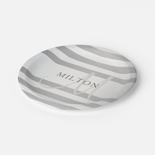 Elegant monogram Faux Silver Gradient Gray Stripes Papieren Bordje (Gekanteld)