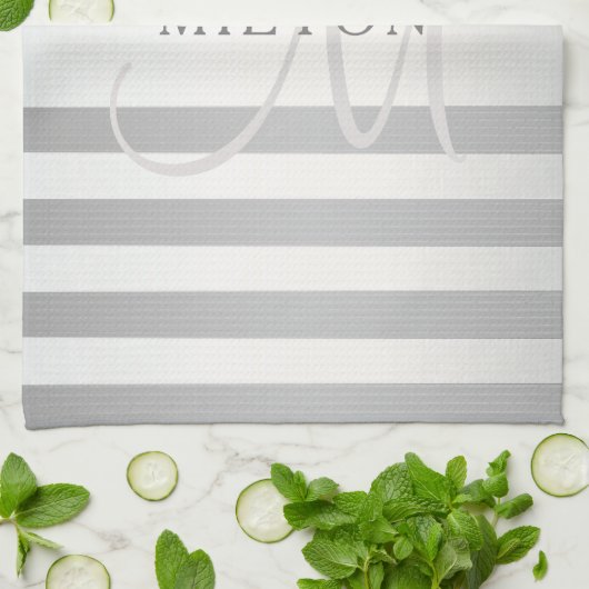Elegant monogram Faux Silver Gradient Gray Stripes Theedoek (Gevouwen)