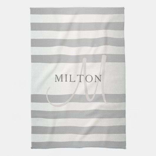 Elegant monogram Faux Silver Gradient Gray Stripes Theedoek (Verticaal)