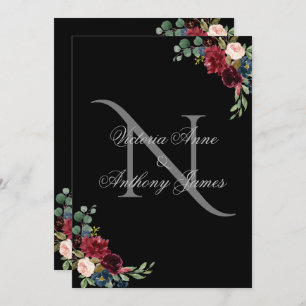 Elegant Monogram Floral Black Wedding Uitnodiging