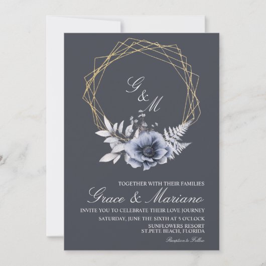 Elegant Monogram Floral Blue Wedding Uitnodiging (Voorkant)
