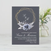 Elegant Monogram Floral Blue Wedding Uitnodiging (Staand voorkant)