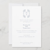 Elegant Monogram Floral Crest Stoffig Blauw Bruilo Kaart (Voorkant)