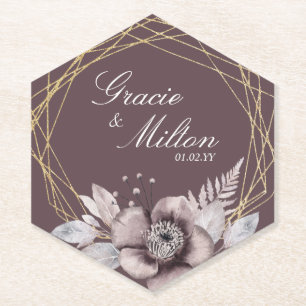 Elegant Monogram Floral Mauve Wedding Kartonnen Onderzetters