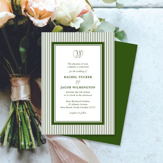 Elegant Monogram Forest Green Striped Wedding Kaart
