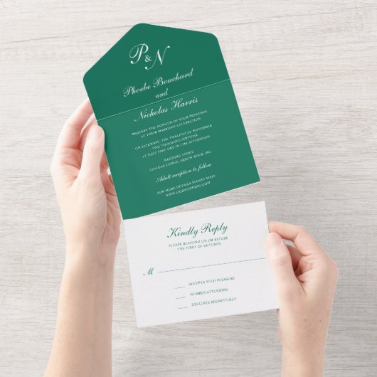 Elegant Monogram Formal Emerald Green Wedding All In One Uitnodiging (Afscheurbaar)