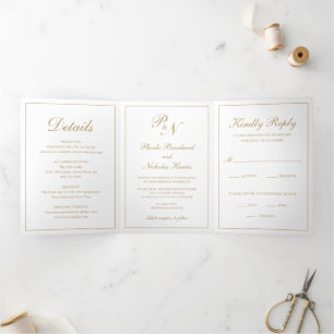 Elegant Monogram Formele Foto Faux Gold Wedding Drieluik Uitnodiging