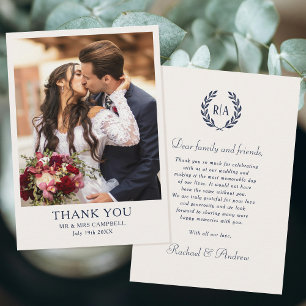 Elegant Monogram Foto Navy Blauw Bruiloft Bedankkaart