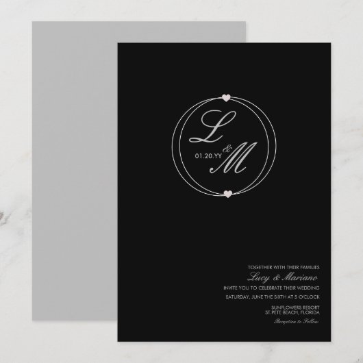 Elegant Monogram Gescript Hartaansluiting Trouw Kaart (Voorkant / Achterkant)