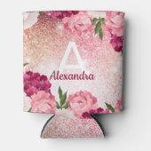 Elegant Monogram Glitter Floral roze Blikjeskoeler (Voorkant)