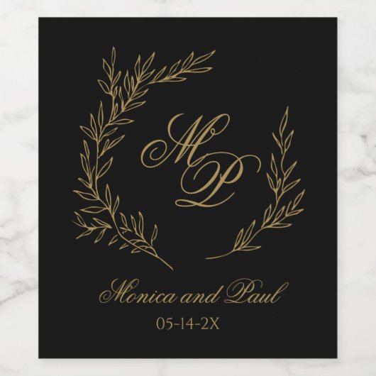 Elegant Monogram gold and black wine label Wijn Etiket (Enkel label)