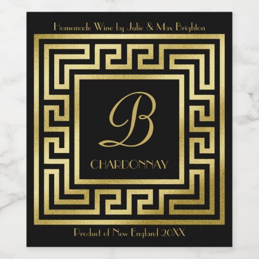 Elegant Monogram Gold Glitter Art Deco Black Wijn Etiket (Enkel label)