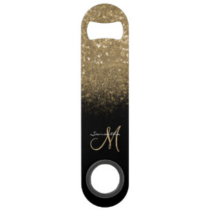 Elegant monogram Gold Glitter & Black Bar-toets Speed Flessenopener