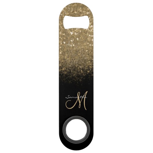 Elegant monogram Gold Glitter & Black Bar-toets Speed Flessenopener (Voorkant)