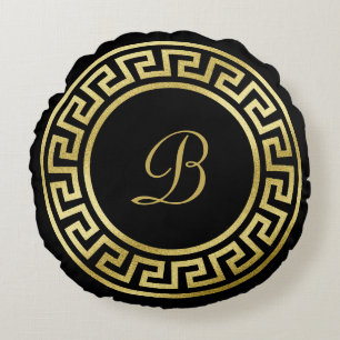 Elegant Monogram Gold Glitter Greek Key Black Rond Kussen