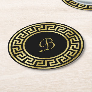 Elegant Monogram Gold Glitter Greek Key Black Ronde Kartonnen Onderzetter