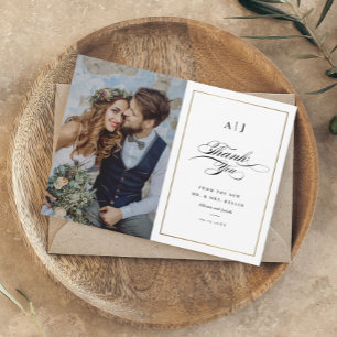 Elegant Monogram Gold Photo Wedding Bedankkaart