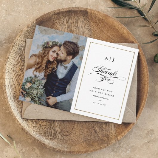 Elegant Monogram Gold Photo Wedding Bedankkaart