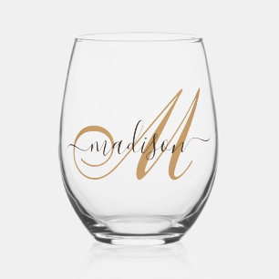 Elegant Monogram Gold Script Naam Wijnglas Zonder Voet