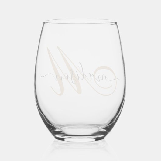 Elegant Monogram Gold Script Naam Wijnglas Zonder Voet (Achterkant)