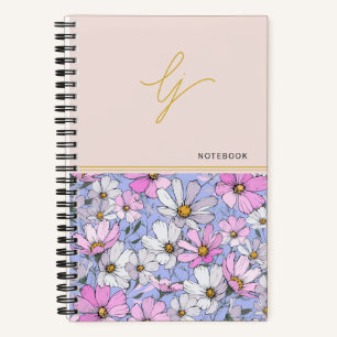 Elegant Monogram Gold Script Roze Blauwe Bloemen Notitieboek