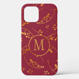 Elegant monogram goudbessen marsala roze patroon iPhone 12 hoesje