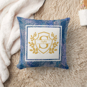 Elegant Monogram Gouden Crest Tropische Palmblader Kussen
