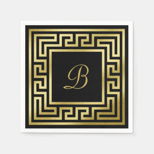 Elegant Monogram Gouden Glitter Griekse Sleutel Zw Servet