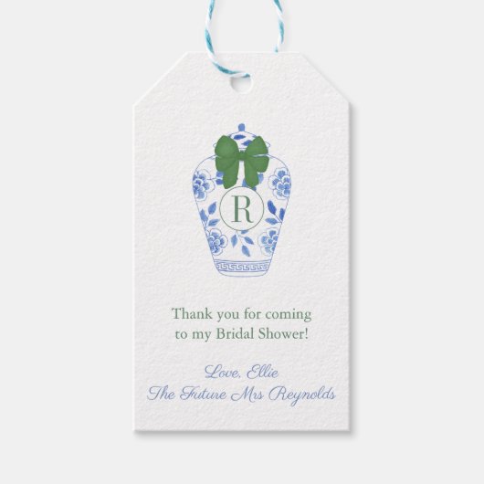 Elegant Monogram Green Bow Vrijgezellenfeest Cadeaulabel (Voorkant)
