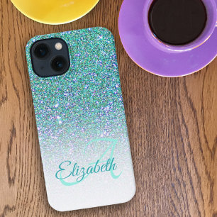 Elegant Monogram Green Glitter Ombre Voornaam iPhone 13 Hoesje